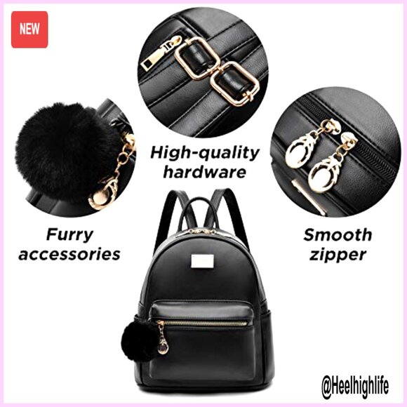 Leather Mini Backpack Purse with Pompom, 3 Zipper Pockets, Travel Daypack main image 5